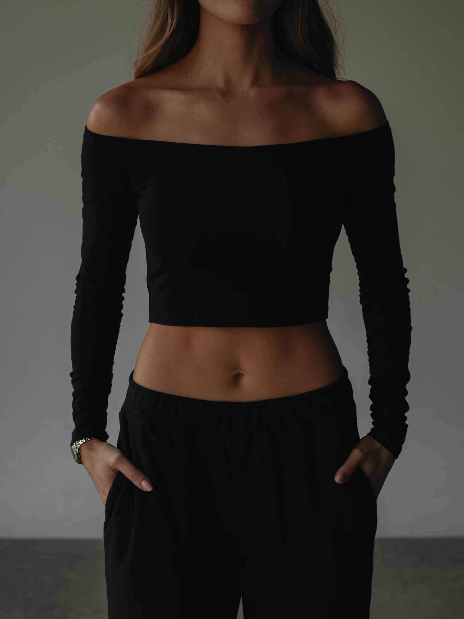Crop Top Camisas Cuello Bandeja Para Mujer Blusa Negra Cuello
