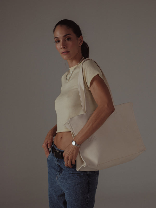 VEGAN LEATHER TOTE BAG - CREAMY