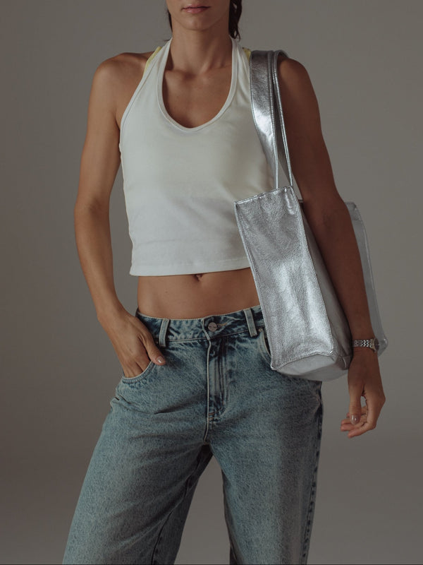 VEGAN LEATHER TOTE BAG - GLOSSY GRAY