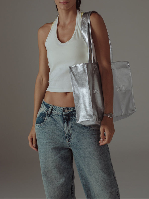 VEGAN LEATHER TOTE BAG - GLOSSY GRAY