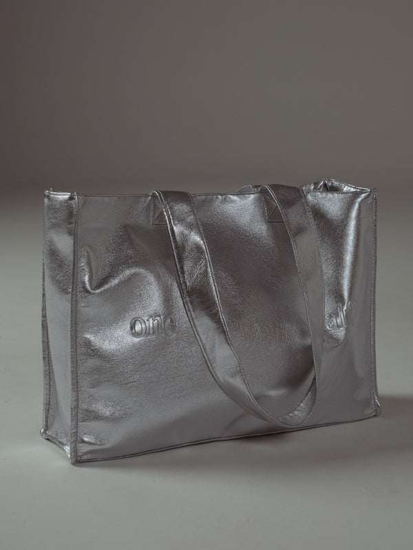 VEGAN LEATHER TOTE BAG - GLOSSY GRAY