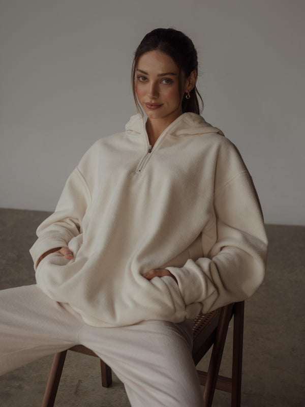 ZIP COLLAR COZY HOODIE - CREAMY