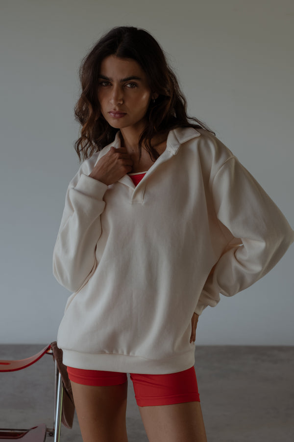 LONG SLEEVE OVERSIZED POLO - CREAMY