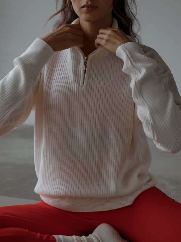 OVERSIZED ZIP UP KNIT SWEATER - VANILLA
