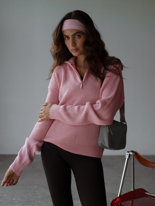 OVERSIZED ZIP UP KNIT SWEATER - PALE PINK