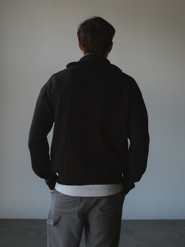 RIB ZIP UP KNIT SWEATER - BLACK