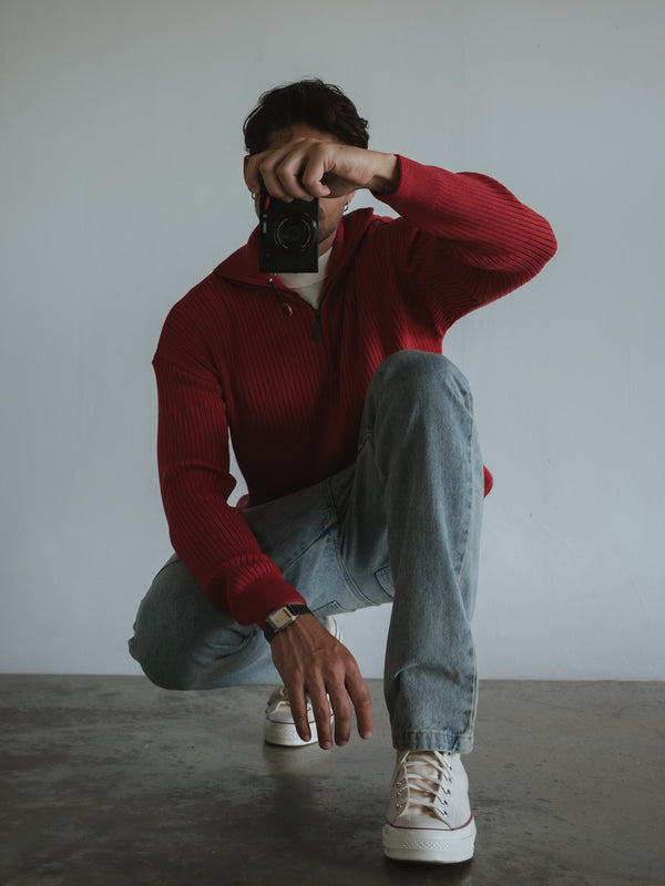 RIB ZIP UP KNIT SWEATER - RED PEPPER