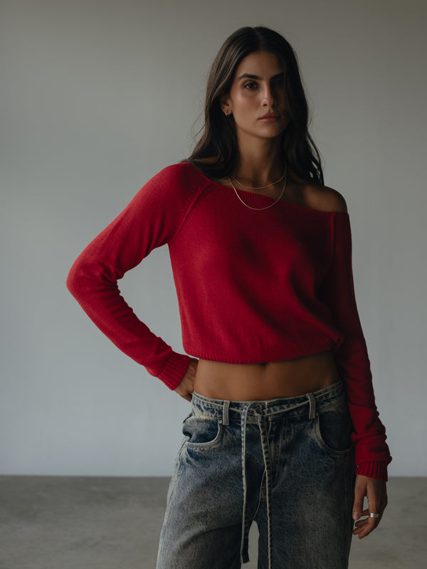 OFF SHOULDER KNIT SWEATER - RED PEPPER