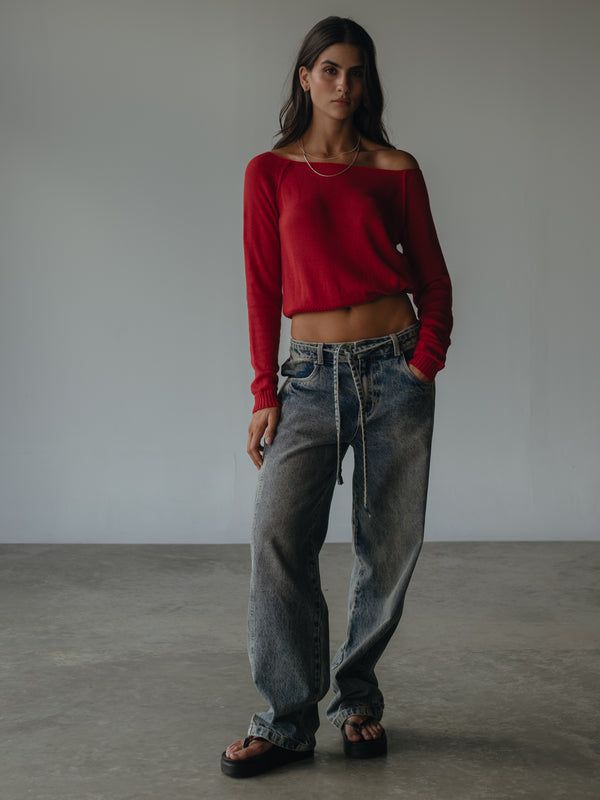 OFF SHOULDER KNIT SWEATER - RED PEPPER