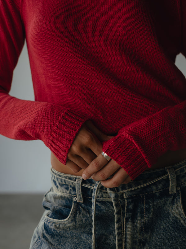 OFF SHOULDER KNIT SWEATER - RED PEPPER
