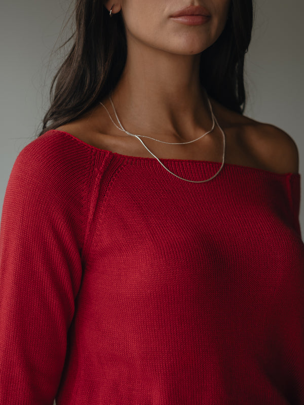 OFF SHOULDER KNIT SWEATER - RED PEPPER
