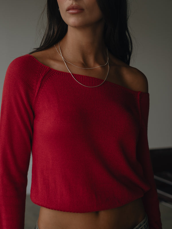 OFF SHOULDER KNIT SWEATER - RED PEPPER