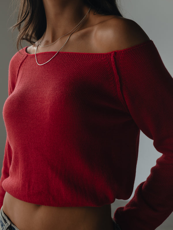 OFF SHOULDER KNIT SWEATER - RED PEPPER