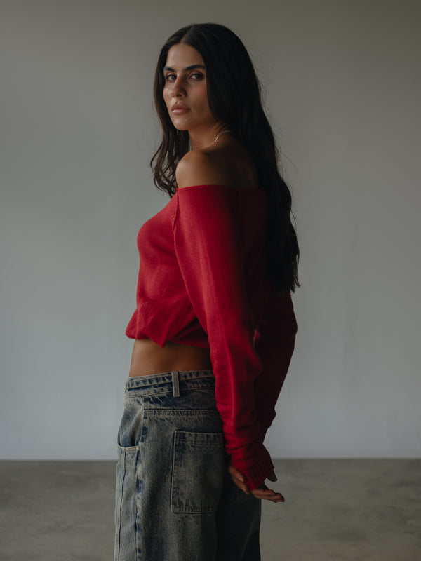OFF SHOULDER KNIT SWEATER - RED PEPPER