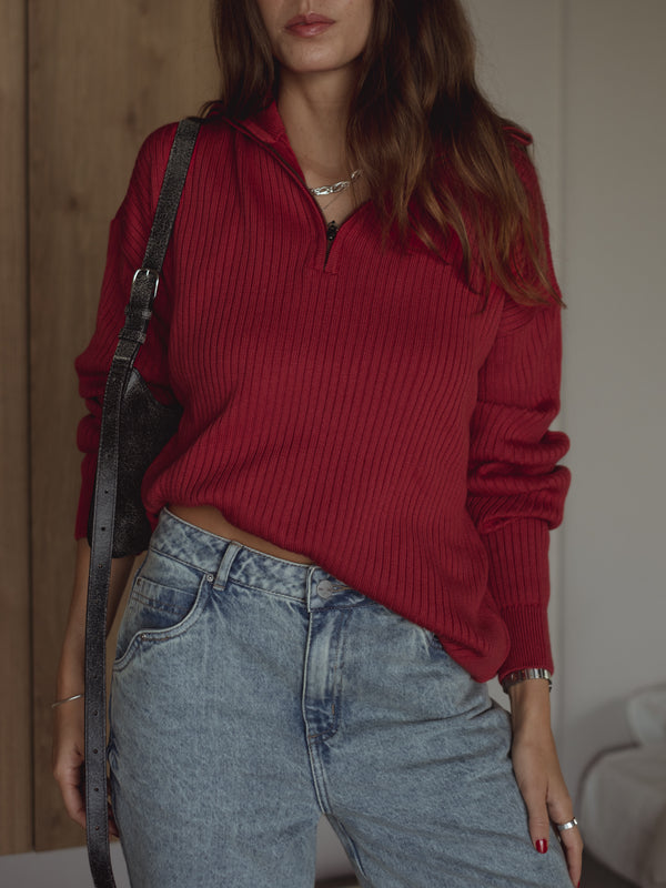 RIB ZIP UP KNIT SWEATER - RED PEPPER