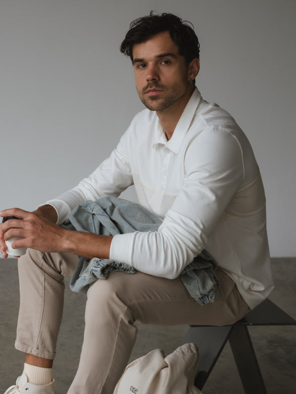 MEN LONG SLEEVE CONTRAST POLO - CREAMY & LATTE