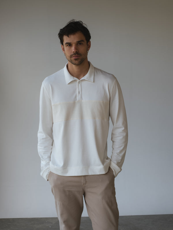 MEN LONG SLEEVE CONTRAST POLO - CREAMY & LATTE