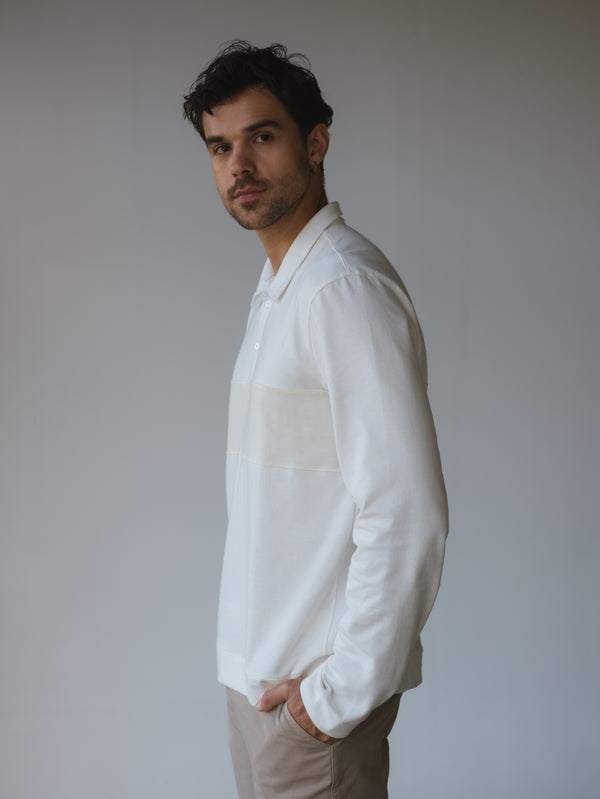 MEN LONG SLEEVE CONTRAST POLO - CREAMY & LATTE