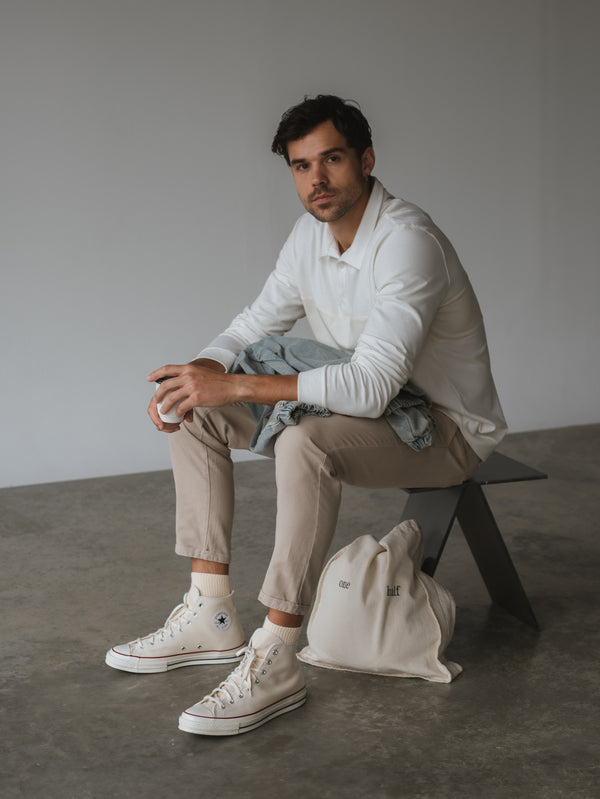 MEN LONG SLEEVE CONTRAST POLO - CREAMY & LATTE