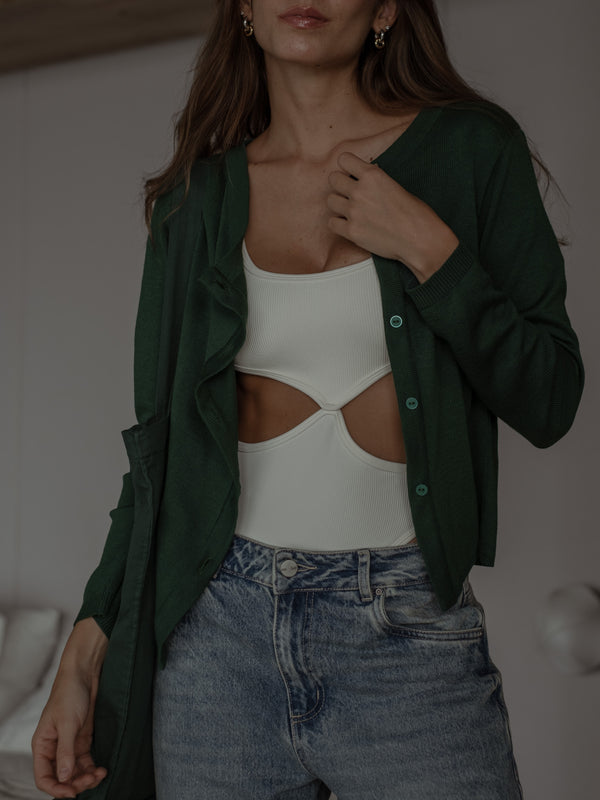 ASYMMETRIC BUTTON CARDIGAN - MYSTIC GREEN