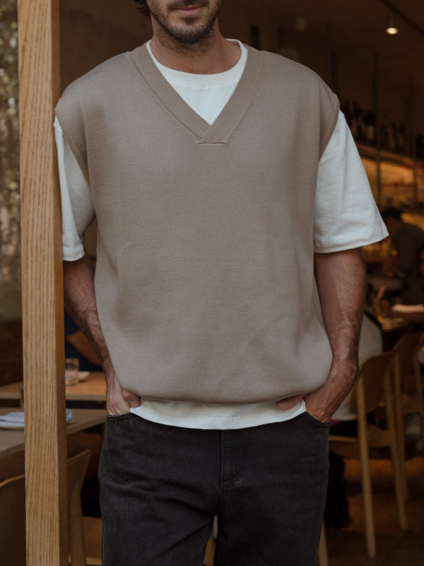 RIBBED KNIT VEST MEN - SOFT STONE