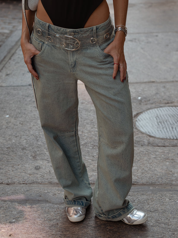 DOUBLE WAISTBAND JEAN - DIRTY GRAY BLUE