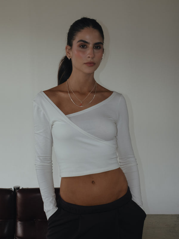 LONG SLEEVE CROSS TOP - CREAMY