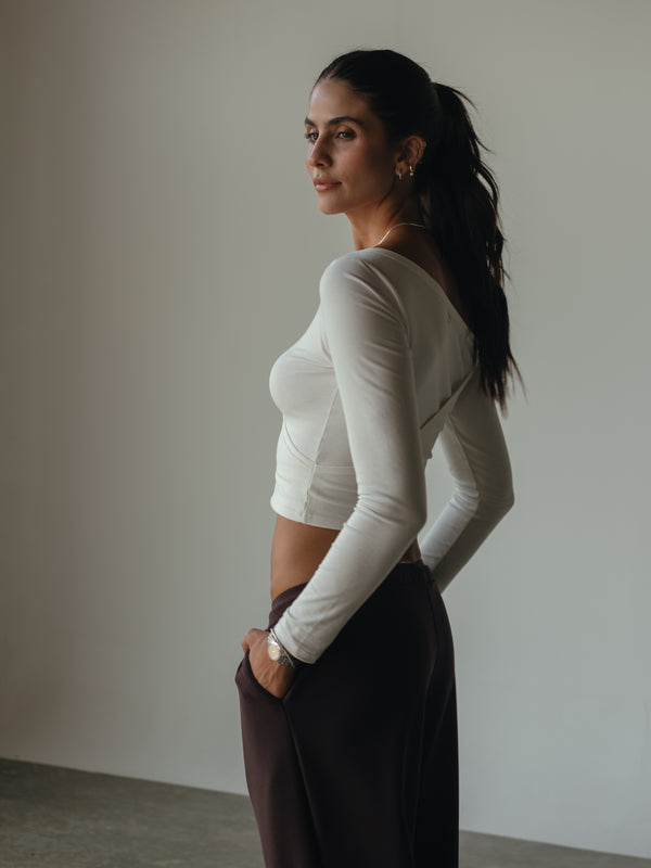 LONG SLEEVE CROSS TOP - CREAMY