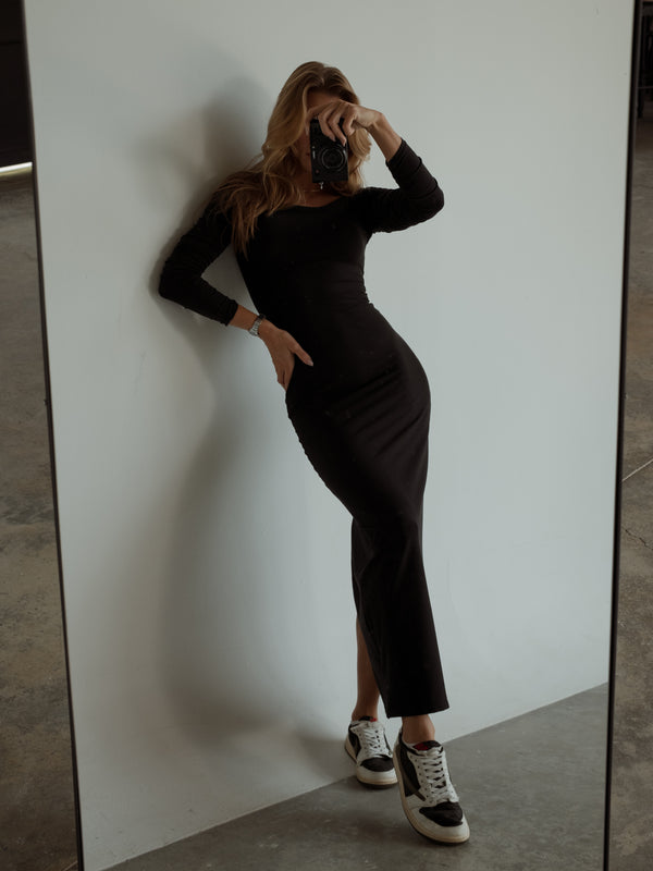 OFF SHOULDER LONG DRESS - BLACK