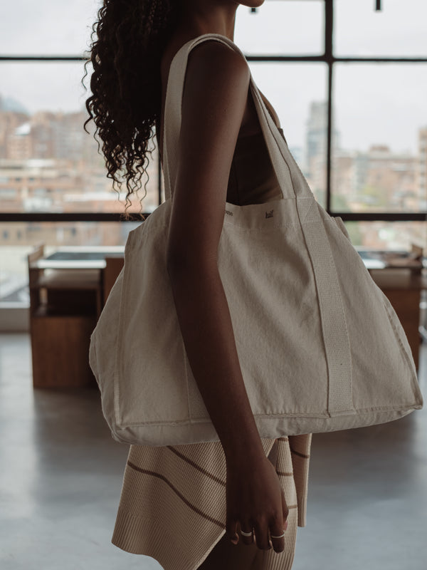 CONTRAST DENIM TOTE BAG - NATURAL