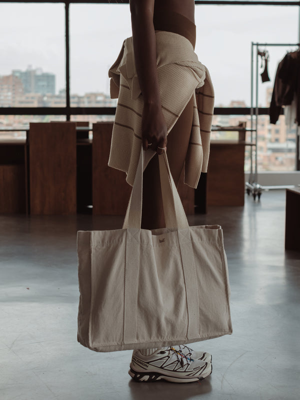 CONTRAST DENIM TOTE BAG - NATURAL