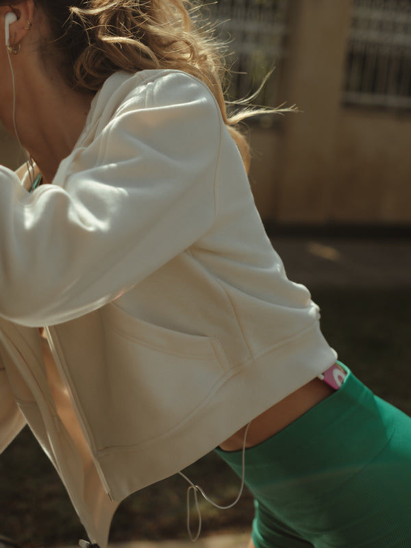 CROPPED ZIP HOODIE - SOFT WHITE