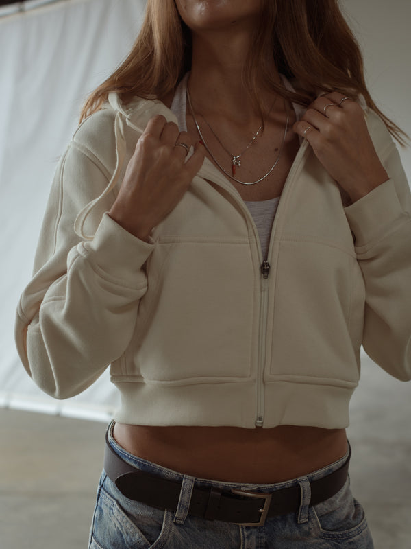 CROPPED ZIP HOODIE - SOFT WHITE
