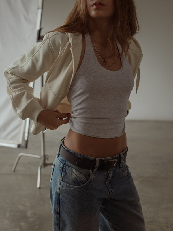 CROPPED ZIP HOODIE - SOFT WHITE