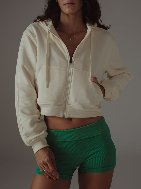 CROPPED ZIP HOODIE - SOFT WHITE