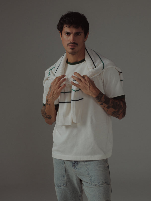 MEN BASIC CONTRAST T-SHIRT - SOFT WHITE & GREEN