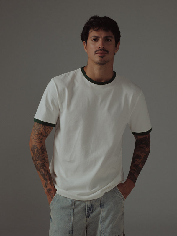 MEN BASIC CONTRAST T-SHIRT - SOFT WHITE & GREEN
