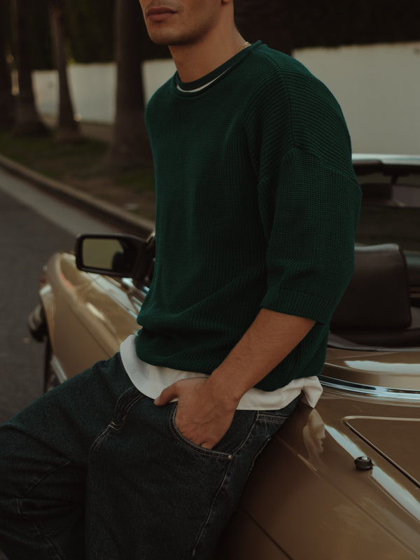 MEN KNIT BOXY T-SHIRT - PINE GREEN