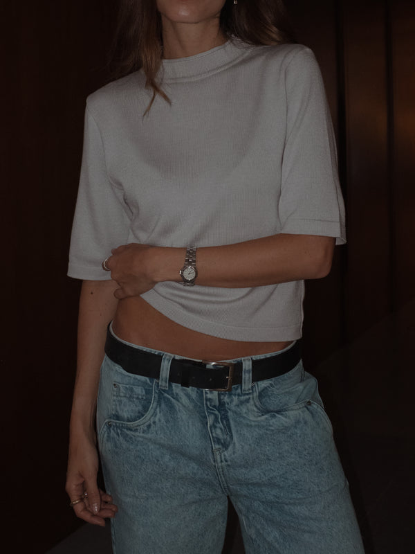 TALL COLLAR KNIT T-SHIRT - LIGHT GRAY