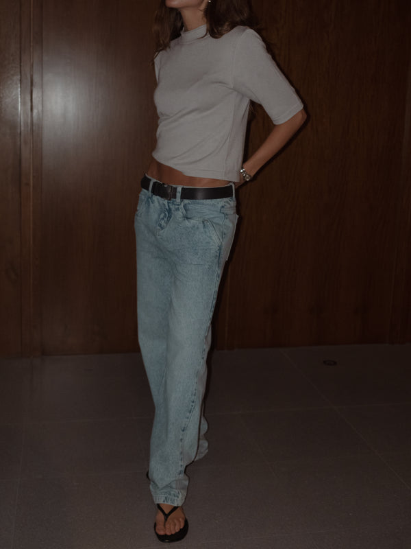 TALL COLLAR KNIT T-SHIRT - LIGHT GRAY