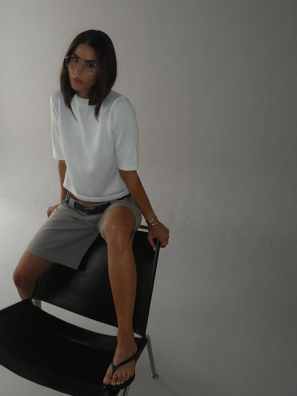 TALL COLLAR KNIT T-SHIRT - VANILLA