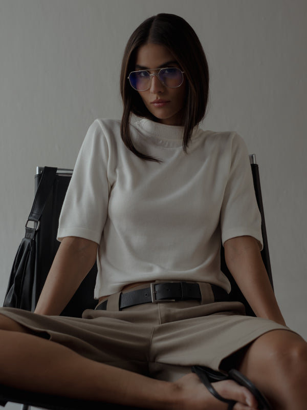 TALL COLLAR KNIT T-SHIRT - VANILLA