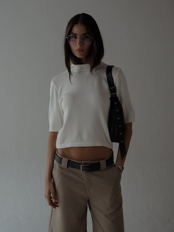 TALL COLLAR KNIT T-SHIRT - VANILLA