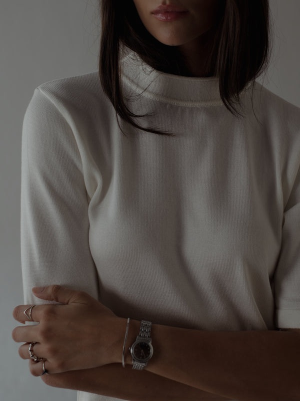 TALL COLLAR KNIT T-SHIRT - VANILLA