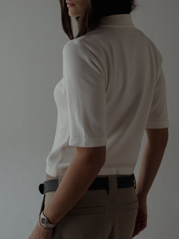 TALL COLLAR KNIT T-SHIRT - VANILLA