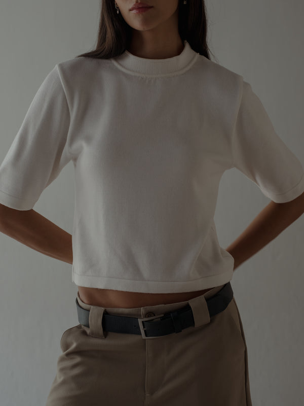 TALL COLLAR KNIT T-SHIRT - VANILLA