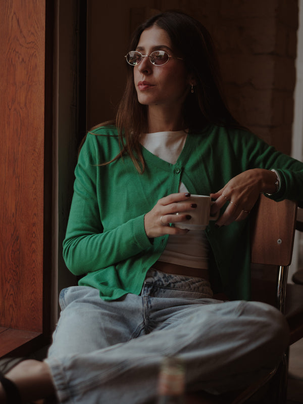 ASYMMETRIC BUTTON CARDIGAN - BRIGHT GREEN