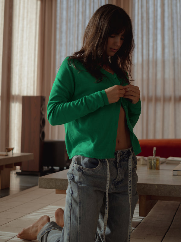 ASYMMETRIC BUTTON CARDIGAN - BRIGHT GREEN