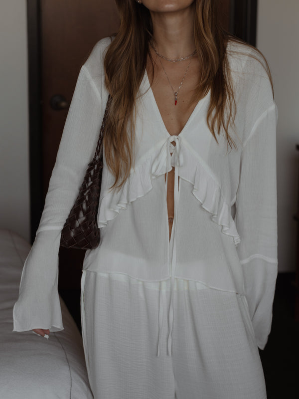 RUFFLE TIE CARDIGAN - SOFT WHITE