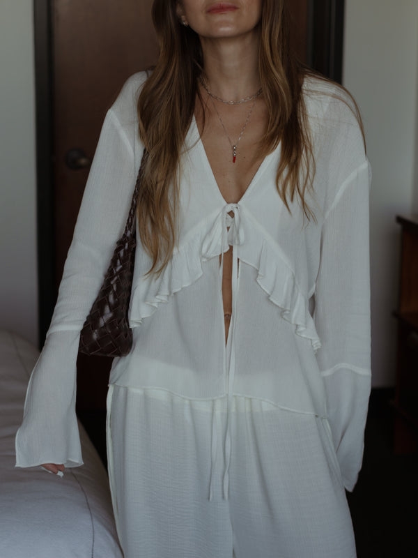 RUFFLE TIE CARDIGAN - SOFT WHITE